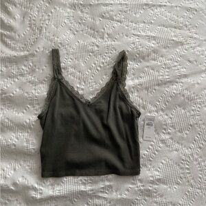 American Eagle Outfitters Olive Ribbed Tank with Lace